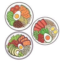 Three plates with different types of food Top view vector
