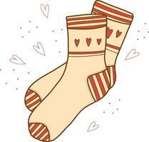 Hand drawn illustrations of warm socks. Knitted wool clothing. Outlines of elements of winter clothing. Sock with a heart pattern vector