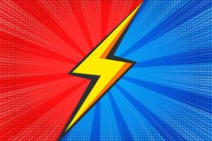 Comic book superhero background with blast. Pop art retro frame with boom effect. Red and blue compare sunburst striped bright poster with halftone texture. vector