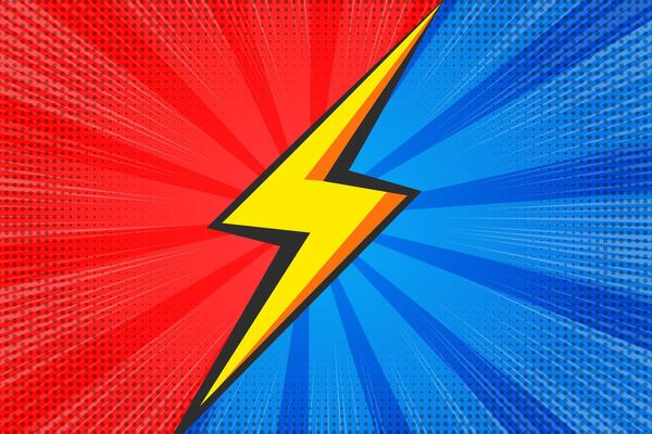 Comic book superhero background with blast. Pop art retro frame with boom effect. Red and blue compare sunburst striped bright poster with halftone texture.