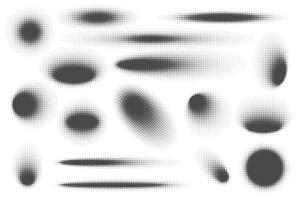 Dotted halftone abstract shapes. Circle blurred shadows set on white background. Graphic elements, circular organic blobs with gradation effect vector