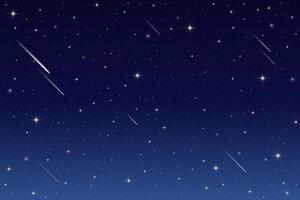 Night sky background with stars and comets. Dark blue galaxy outer space with constellations with cosmic light of sparkles. Magic astrology gradient wallpaper. Realistic beautiful nature vector