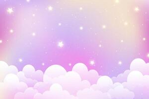 Cloudy sky background with cute stars. Magic pink pastel abstract landscape. Dreamy girly abstract backdrop. Cartoon soft gradient wallpaper with glitter and sparkles. vector