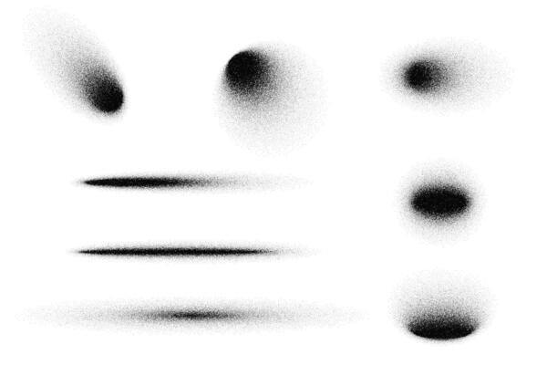 Set of abstract shadow effects. Circles, ovals, and lines with gradient noise, grainy textures, and stipple designs, isolated on white background. illustration of stipple elements