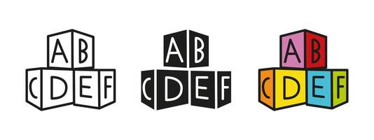 ABC blocks toy icon. Alphabet cubes illustration. Colorful children education ABC block symbol. Preschool reading learning sign. Cube with letter pictogram. Elementary toddler teaching concept. vector
