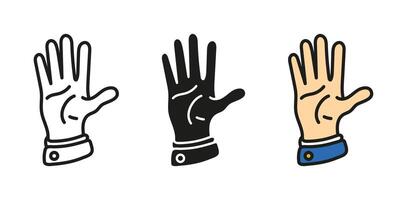 Greeting hand gesture icon. Human arm rising up illustration. Open palm showing stop symbol. Five fingers pictogram. Hand with suit concept. vector