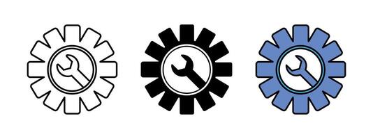 Settings cog illustration. Gear with wrench icon. Repair tool mechanic symbol. Cogwheel with spanner industrial factory sign. Hardware development pictogram. Engineering workshop concept. vector