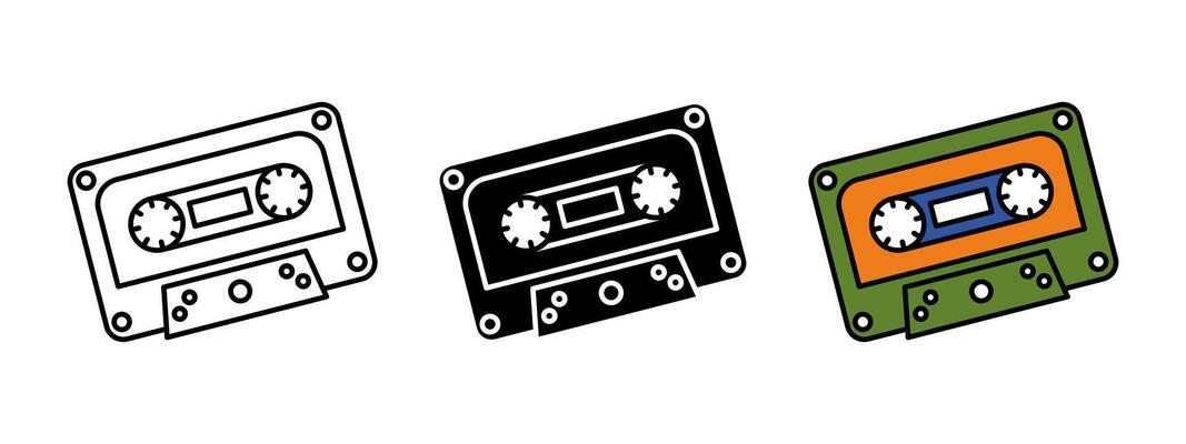 Cassette icon. Audio cassette record illustration. Vintage tape symbol. Analog media magnetic tape sign. Retro 80s audio cassette music pictogram. Plastic colorful audio record concept.