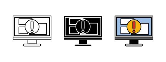 Computer error alert icon. Display warning sign. Monitor problem attention symbol. Software system malfunction pictogram. Computer error exclamation illustration. Desktop bug notification. vector