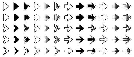 Arrow icon set. Direction arrow collection. Cursor pointer illustration. Navigation arrow buttons. Next and previous, forward and back symbol. Dotted web sign. Abstract direction curve template vector