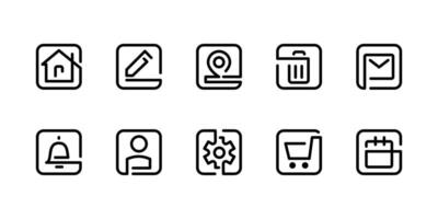 Web buttons icon set. Website UI navigation icons. User interface element collection. Basic essential online shopping pictogram. Cart, address, settings gear, home page, notification icons squared. vector