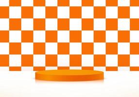 Orange and white checkered background 3d with podium Space for selling products, backdrop, wallpaper, background, text. illustration. vector