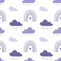 Pattern with overcast cloudy weather, sad purple clouds with raindrops and boring lilac rainbow. On white background. vector
