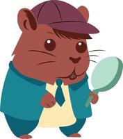 A cartoon hamster wearing a hat and suit holding a magnifying glass vector