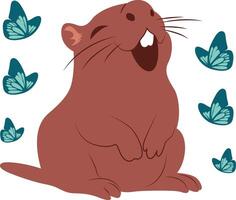 A cartoon brown groundhog with butterflies around it vector
