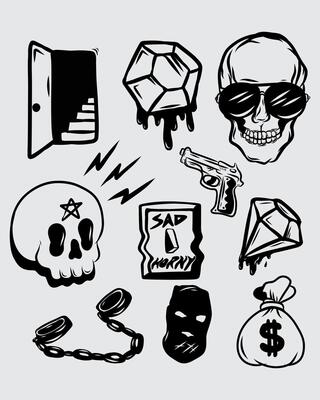Tattoo style clip art t shirt clothing element collection set bundle ink sticker print art editable