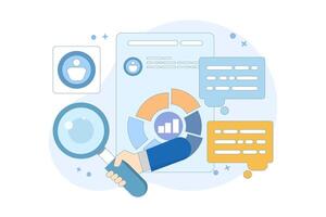 Marketing analysis and development concept. Participate in business activities. Magnifying glass, zoom, customer reviews. Know your customers. Business statistics graph. flat design illustration. vector