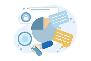 Marketing analysis and development concept. Participate in business activities. Magnifying glass, zoom, customer reviews. Know your customers. Business statistics graph.flat illustration. vector