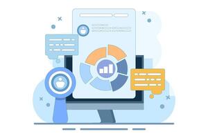 Marketing analysis and development concept. Participate in business activities. Magnifying glass, zoom, customer reviews. Know your customers. Business statistics graph. illustration. vector