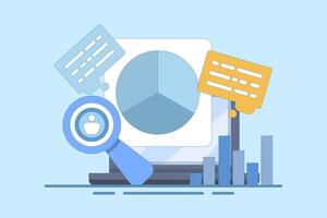 Marketing analysis and development concept. Participate in business activities. Magnifying glass, zoom, customer reviews. Know your customers. Business statistics graph.design illustration. vector