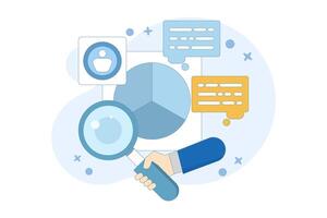 Marketing analysis and development concept. Participate in business activities. Magnifying glass, zoom, customer reviews. Know your customers. Business statistics graph. vector