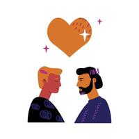 Two men looking into each other's eyes, with a big heart above them. A symbol of love, tenderness and warmth. vector