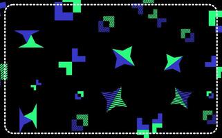 trendy Memphis style background with simple blue and green elements and a dashed line border as an ornament. vector