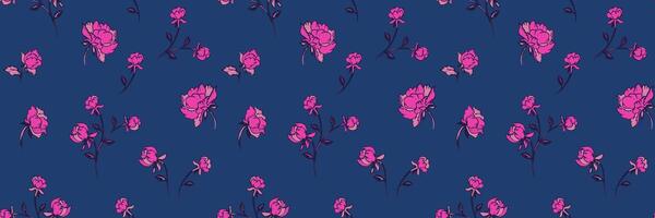 Abstract creative rosebuds, roses pattern on a dark blue background. hand drawing. Stylized tiny branches flowers seamless print. Simple ornaments for designs, textile, surface design vector