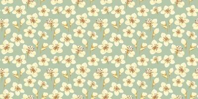 Pastel pattern with abstract artistic florals. hand drawing. Ditsy tiny flowers and small buds seamless print on a green mint background. Designs ornaments for textiles, fabric, cover vector
