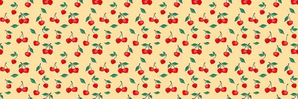 Summer retro pattern with creative tiny cherry with small leaves. Abstract artistic red berries, fruits, green leaf, seamless print on a yellow background. hand drawing painted. Design ornament vector