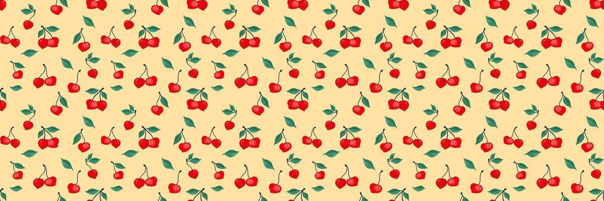 Summer retro pattern with creative tiny cherry with small leaves. Abstract artistic red berries, fruits, green leaf, seamless print on a yellow background. hand drawing painted. Design ornament
