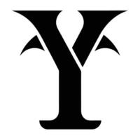 Stylized letter Y, bold black typography, minimalist design, sharp angles, symmetrical wings, negative space vector