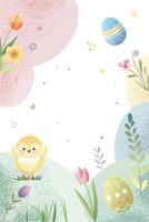 Easter background with eggs, chick, tulips. Springtime template. Spring greeting card with place for text. vector