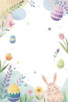 Easter background, eggs, bunny, tulips. Springtime template. Spring greeting card with place for text. vector