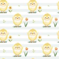 Seamless pattern with cute chick and tulips. Hand drawn spring backgrounds. Funny chickens. Summertime vector