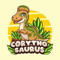 Corythosaurus Dinosaur Character Mascot in Cartoon Illustration Design for kid, sticker, badge, patch, banner, greeting card vector