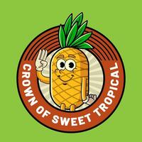 Happy Pineapple Tropical Summer Vibes Cartoon Character in Retro Style vector