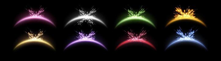 Magic arches different colors with glowing particles, sunlight lens flare. Neon realistic energy flare arch effect vector