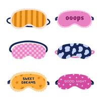 Lovely cartoon sleeping mask set with line, cow pattern, check ornament, Sweet Dreams lettering. Funny hand drawn girlish eye mask for perfect rest. Patterned bedding accessory isolated on white. vector