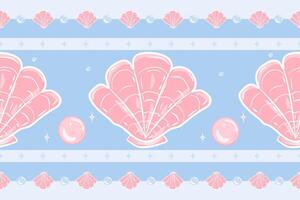 Beautiful Pink Pearls Gorgeous Shells on blue background Elegance Border Seamless Pattern for Ocean Life Under the sea Design Elaborate Hand draw Sparkling abstract ornament for All Decoration vector