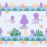 There are Squids and Octopus Are Playing Hide and Seek Dancing With Seaweed, Shell and Starfish Under The Sea Seamless Border Pattern for Scarf, Baby Products, kid's Apparel, Room decoration vector