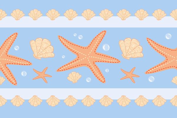 Starfish Shells And Bubbles on Blue Back ground decorated with Shells Stripe Parade, Under the sea life for interior exterior cute border ocean life seamless pattern Embroidery hand draw knit
