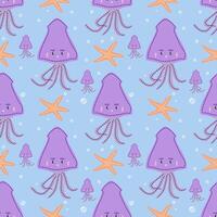 Dancing Squids and Stars Wallpaper for Toddler. Under The Sea and Shy Squid Character Seamless Pattern for Fabric Design vector