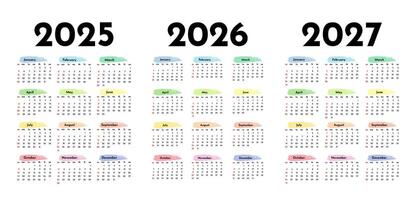 Set of three vertical calendars for 2025, 2026 and 2027 isolated on a white background. Sunday to Monday vector
