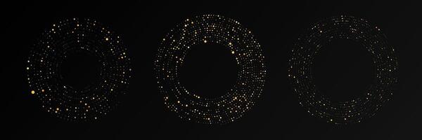 Abstract gold glowing halftone dotted background. Set of three gold glitter patterns in circle form. Circle halftone vector