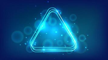 Neon rounded triangle frame with shining effects and sparkles on dark background. Empty glowing techno backdrop. illustration vector