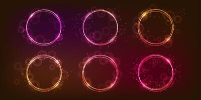 Set of neon round frames with shining effects and sparkles on dark background. Empty glowing techno backdrop. illustration vector