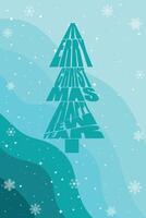 The inscription Merry Christmas and Happy New Year in the form of a Christmas tree. Christmas background with handwritten typography and snowflakes. vector