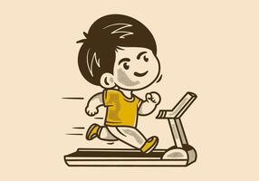 Vintage boy character running on treadmill vector