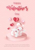 Valentine's day celebration greeting card and poster with gift box on display stage and pink hearts flying in paper cut style with Valentine's day wording, example texts on pink background. vector